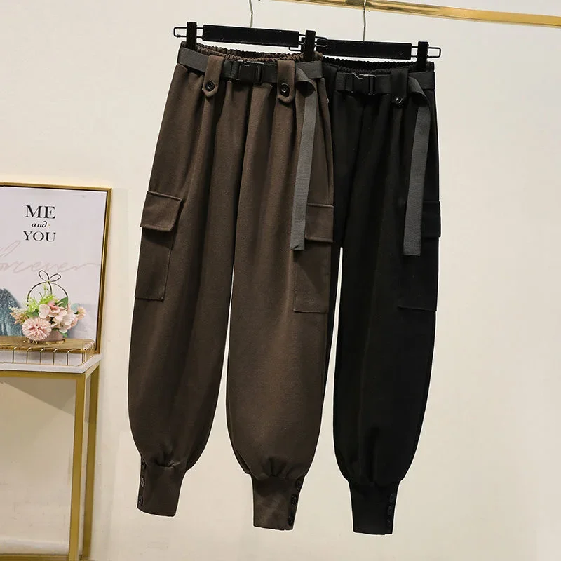 

Jogging Female Big Pockets Casual Button Fly Trousers Ladies Elastic Waist Sashes Harem Pant Streetwear Women Woolen Cargo Pants