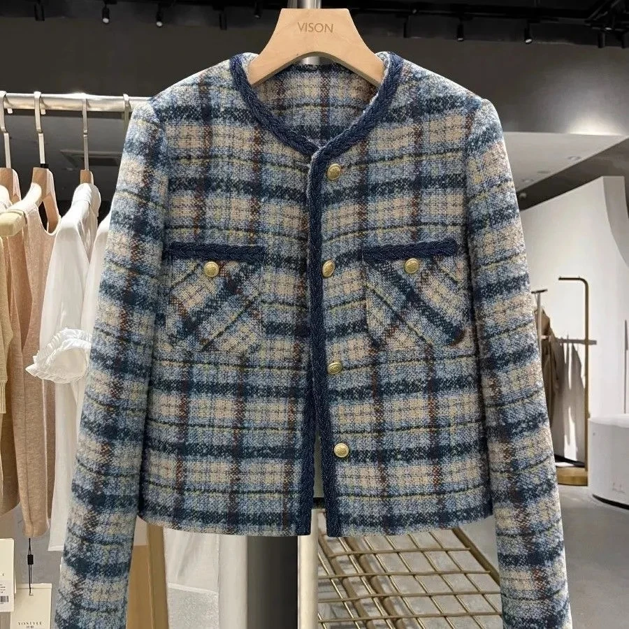 Blue Small fragrant style Short Jacket For women 2026 Spring Autumn New Round neck Plaid Thick Cotton Jackets Female Short Tops