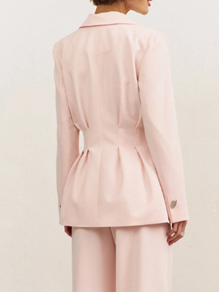 LIMO Women Lapel Double Button Blazer Pleated Waist Cinched Slim Fit Long Sleeve Elegant Office Suit Jacket