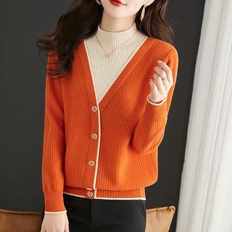 Women Clothing New Korean Style Patchwork Elegant Knitted Sweater Autumn Winter Half High Collar Long Sleeve Loose Pullover Tops