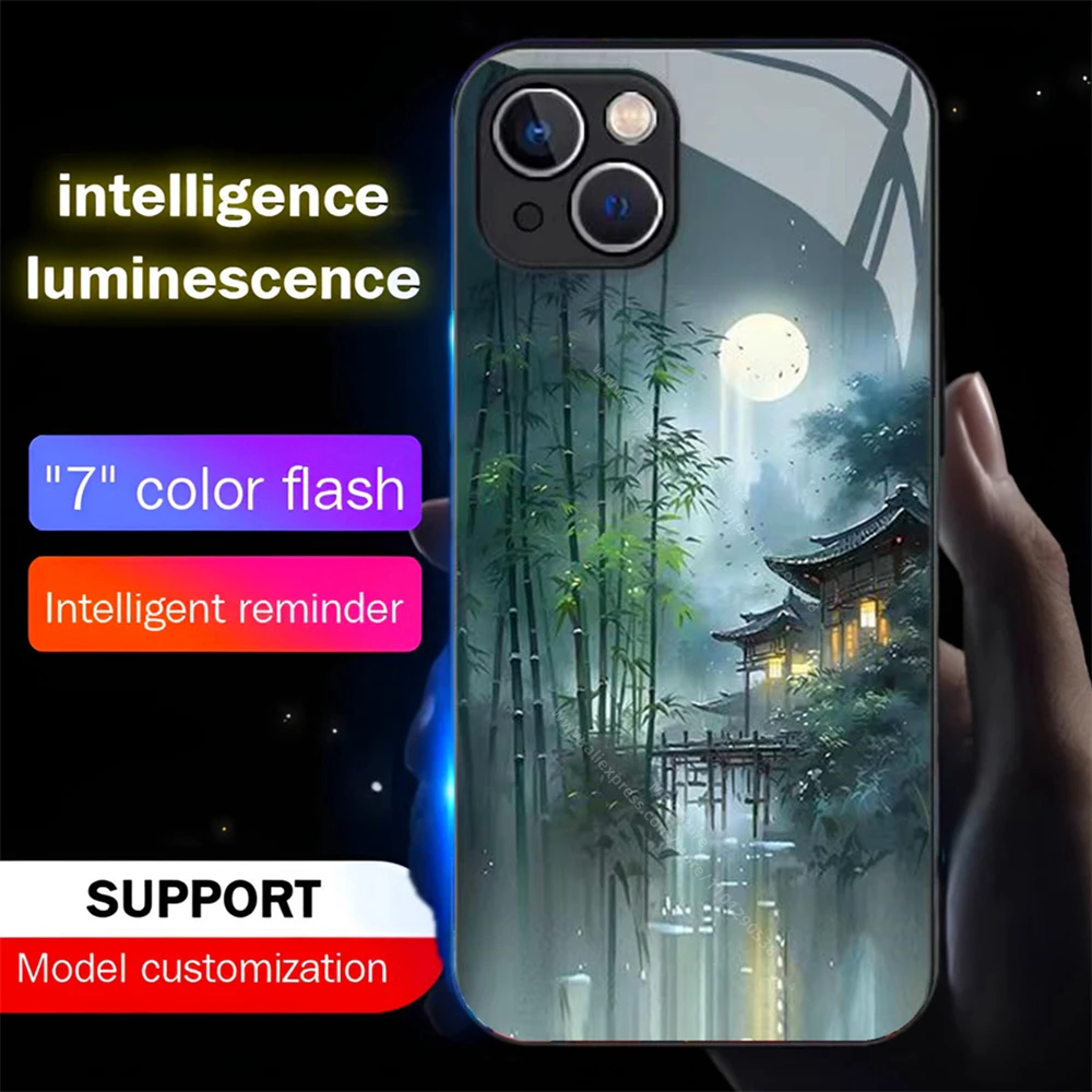 

Moonlit Bamboo Grove Luminous Phone Case LED Light Glass Shockproof Cover For Samsung S25 S24 S23 S22 S21 S20 FE Note Plus Ultra