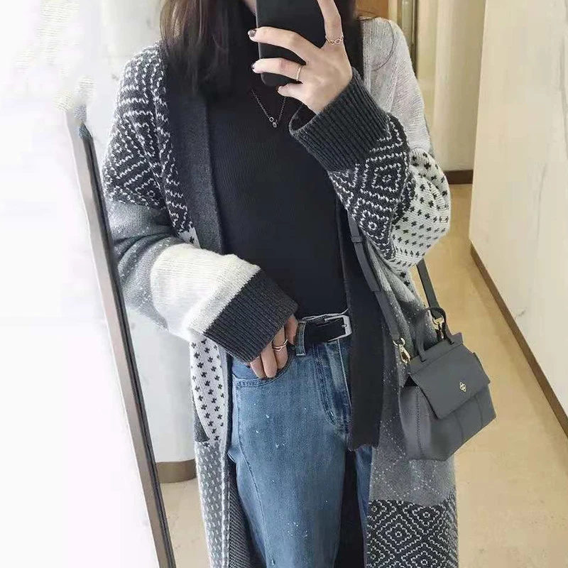 Autumn Winter 2022 Lazy Knee Length Knitted Cardigan Loose Color Contrast Jacquard Medium Length Thick Casual Sweater for Female