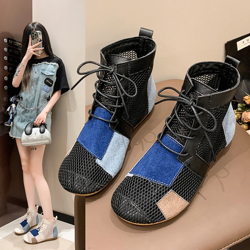 Summer Mesh Surface Women Sandals Fashion Cool Boots Color Blocking Tie Shoes for Women Luxury Designer Sandals