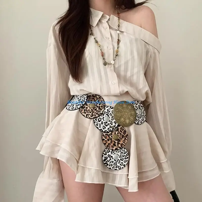 

E56A Embossed Buckle Round Disc Belt for Women Punk Waist Belt 2000S Leopard PU Leather Belt for Formal Dress Western Waistband