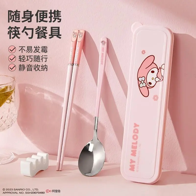 Anime Cartoon Kawaii Sanrio 2026 Hello Kitty Melody Cinnamoroll Portable Student Tableware Suit Stainless Steel Chopsticks Spoon view 6