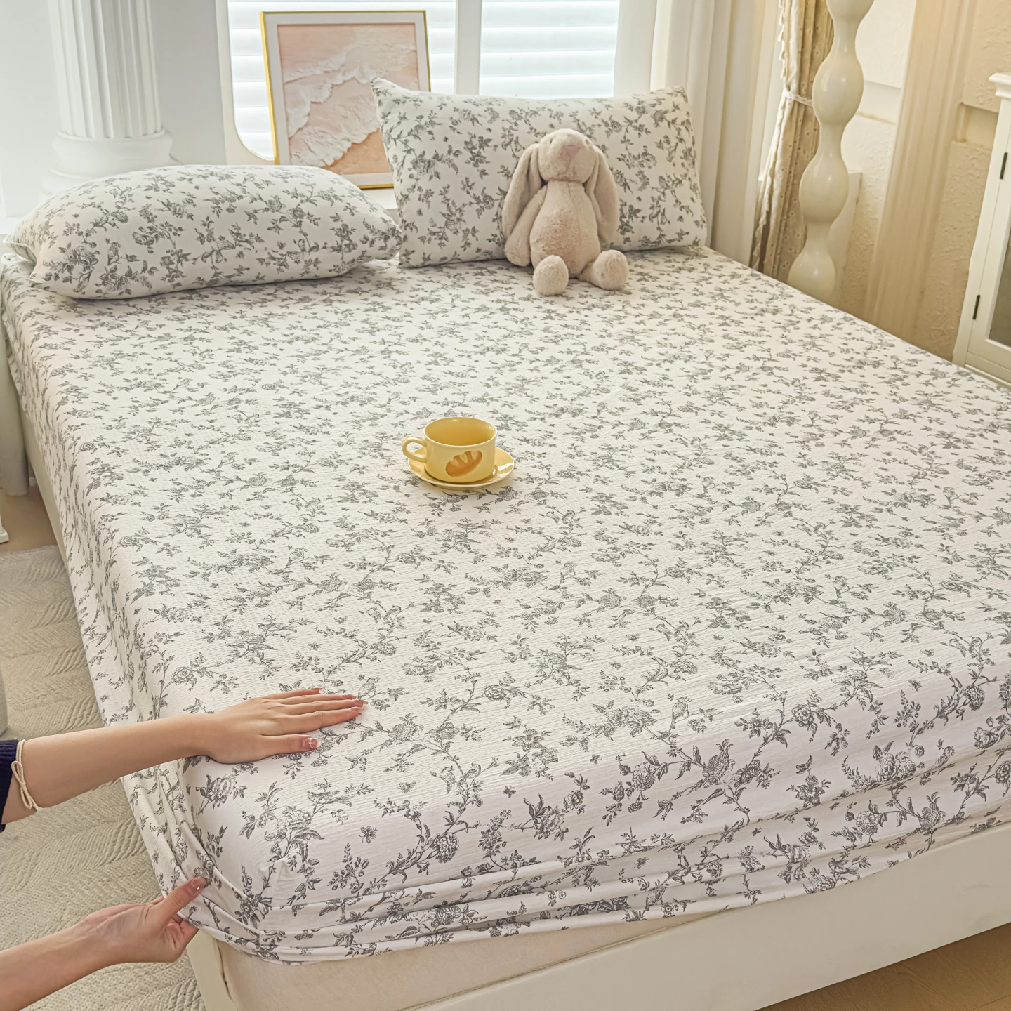 Double-layer Gauze Fitted Sheet Single/Queen/King Size Flower Printed Bed Sheets roupa de cama Skin-friendly Fitted Bed Sheets