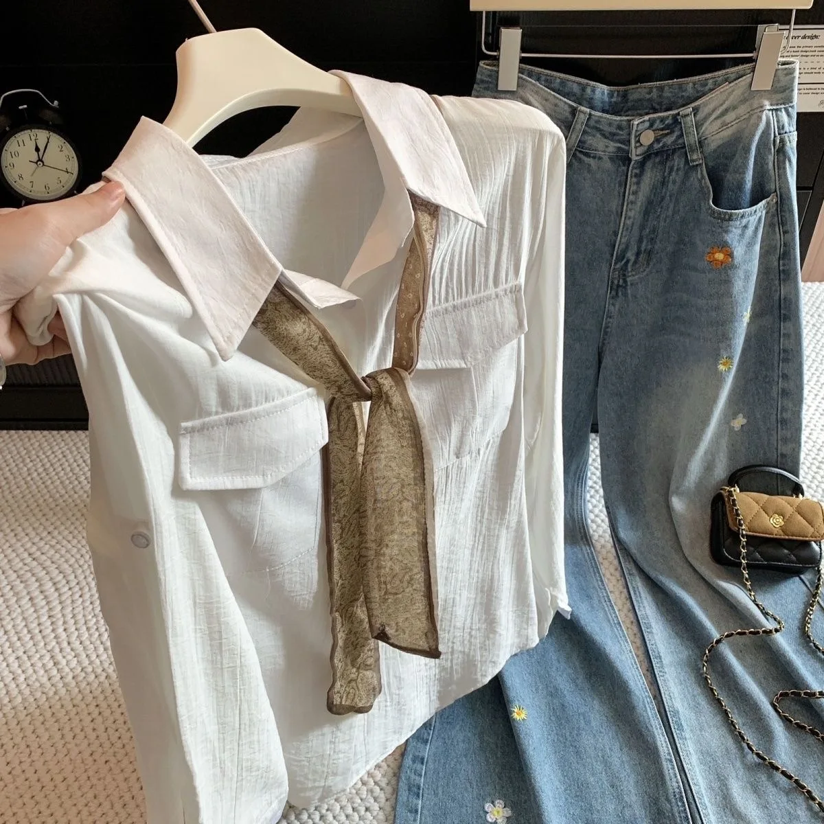 Ladies Long Sleeve  Neck Shirt with Scarf Tie Fall Collection Anti-Wrinkle Skin-Friendly Breathable Polyester Casual Wear