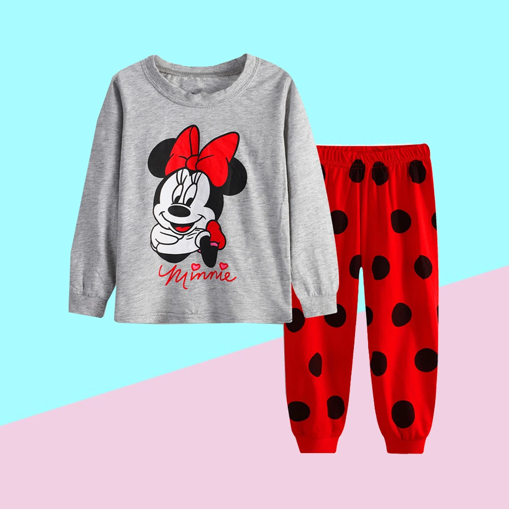 New Spring Autumn Children's Clothing Sets Minnie Girl Grey Red Sleepwear round dot Clothes Kids Pajamas Set Baby Girls Pyjamas