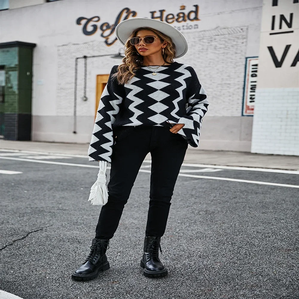 Damen Pullover Mode Retro Pullover Pullover Winter Rhombus Top Strickpullover Rundhals Langarm Casual Pullover