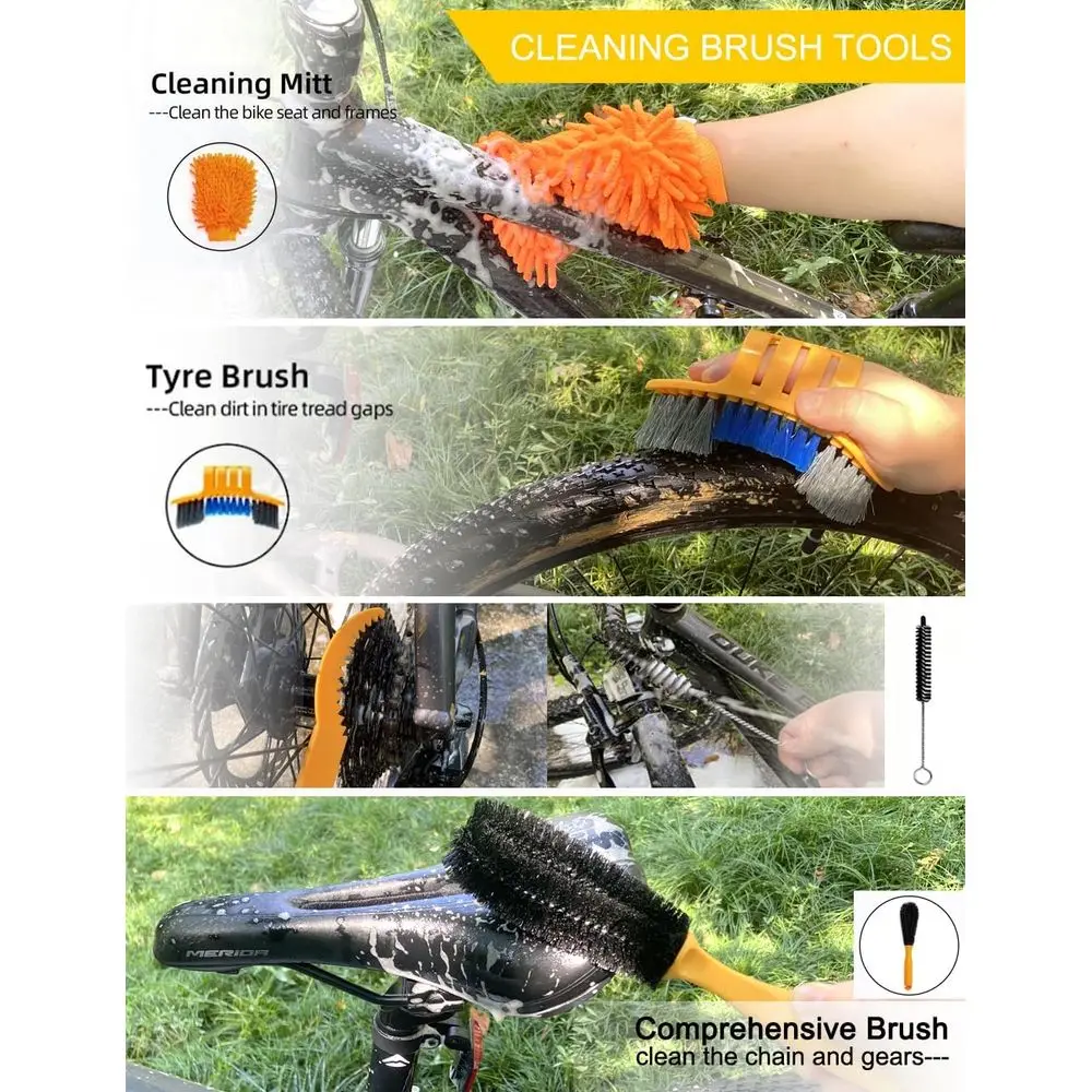 Kit de nettoyage de vélo : épurateur de chaîne, brosse, nettoyant, dégraissant et lubrifiant