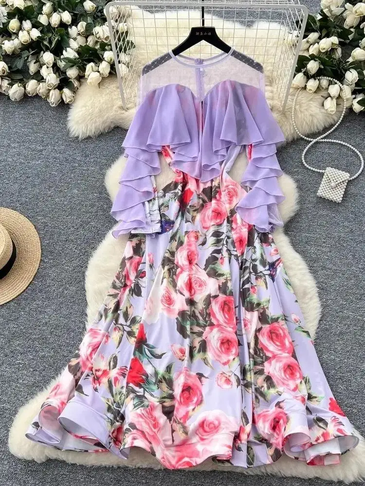 Primavera verão manga borboleta flor impressão sereia vestidos longos camada feminina babados costura festa de aniversário roupas femininas