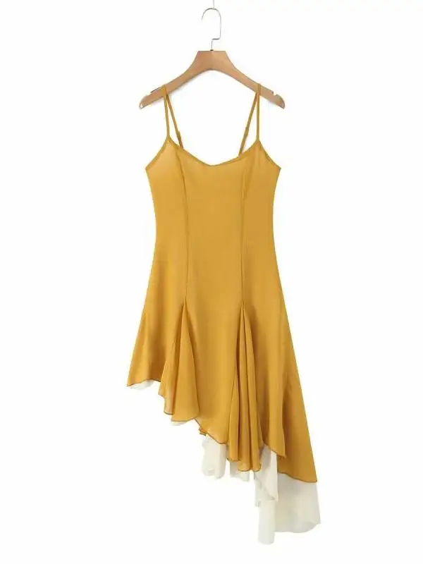 Vestido Midi con Tirantes y Dobladillo Asimétrico con Encaje Romántico, Estilo Europeo, Primavera, Verano, Otoño, Moderno, Es...