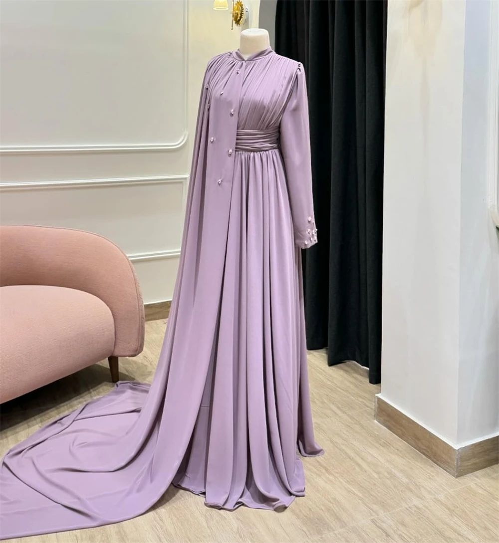 Gaun Prom Arab Saudi gaya Modern sederhana Formal malam kerah tinggi A-line gaun Prom Satin panjang Kelim menggantung