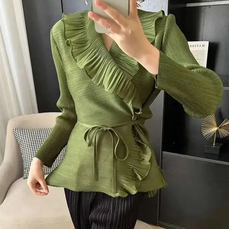 

Shirt Designer Pleated For Women Long Sleeves Ruffles Belt Waist Solid Color Female Chic Top 2024 Spring New 2NTWO
