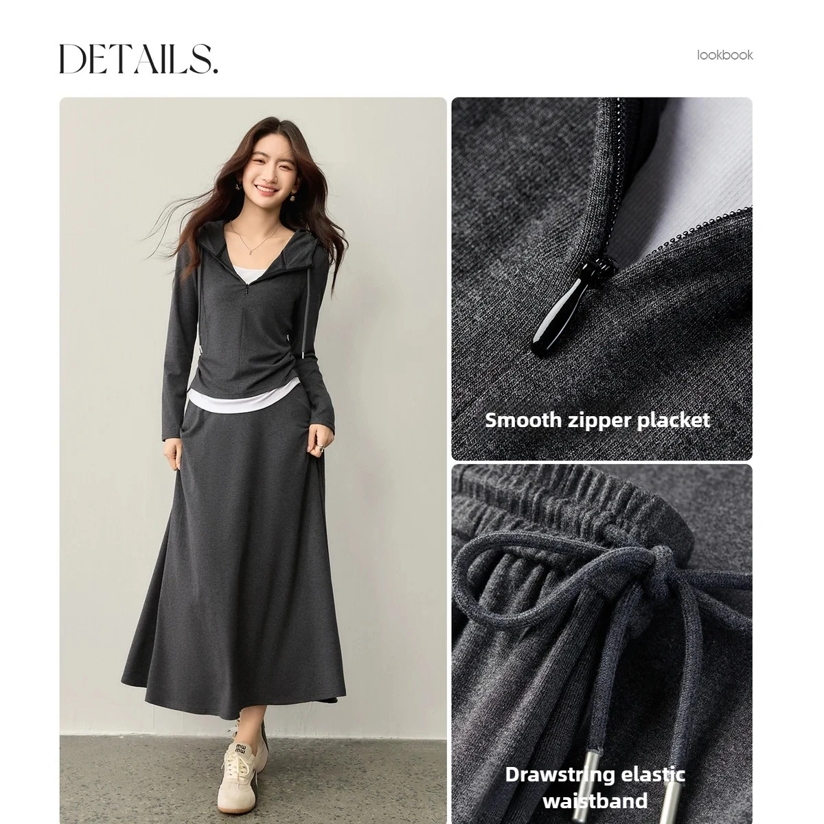 SENTUBILA-Conjunto de falda informal para mujer, camiseta de manga larga falsa de dos piezas con cordón, faldas acampanadas elásticas, otoño 2025, 153ZF2837