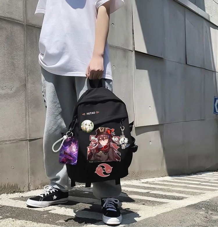 Preto branco, genshin impacto, estudantes crianças adolescentes sacos de escola, mochilas anime de grande capacidade para meninas meninos presente