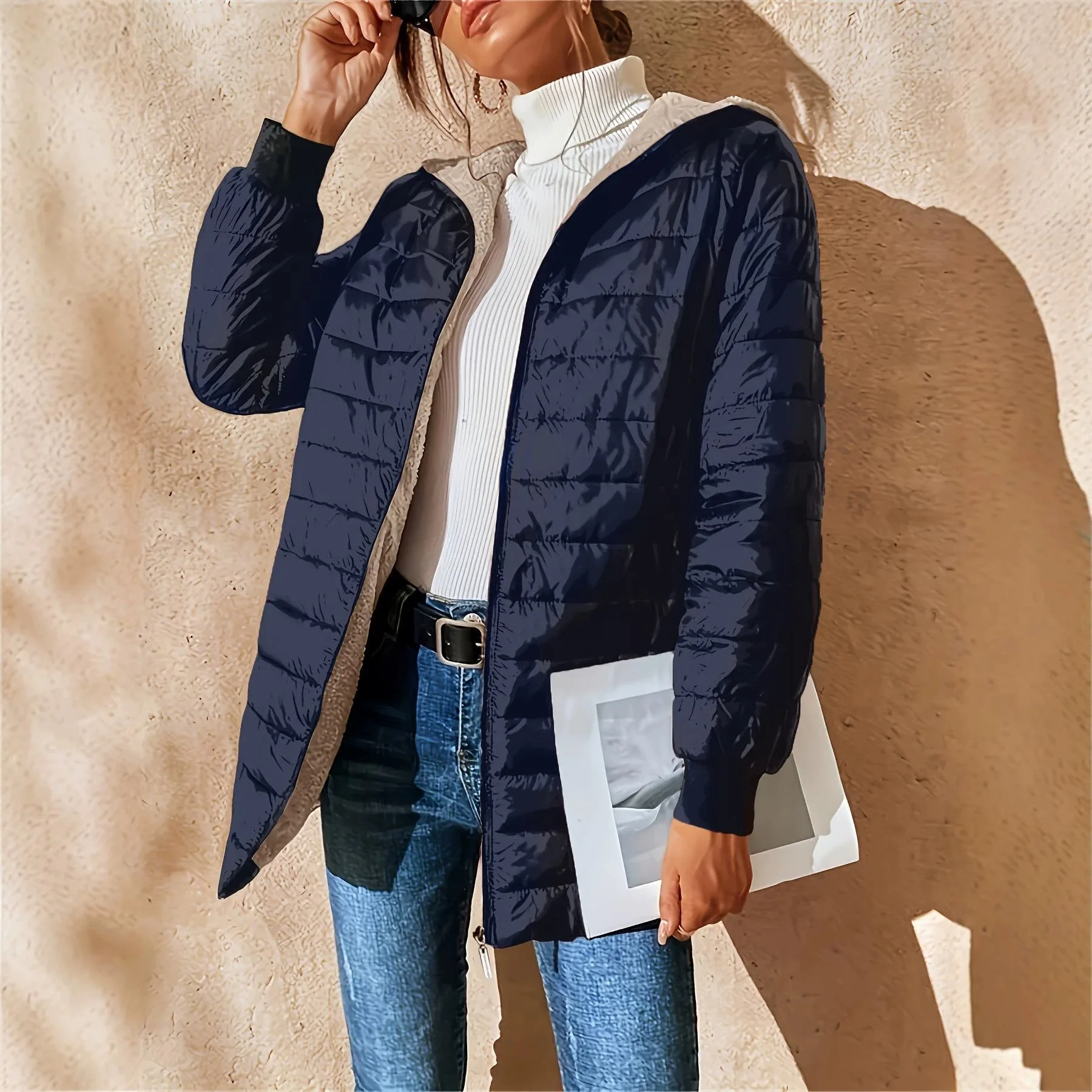 Basic Women's Hooded Padded Coat Mid Length Zip Up Fleece Lined Loose Fit Warm Winter Outerwear Casual Solid Color Jacket Coat