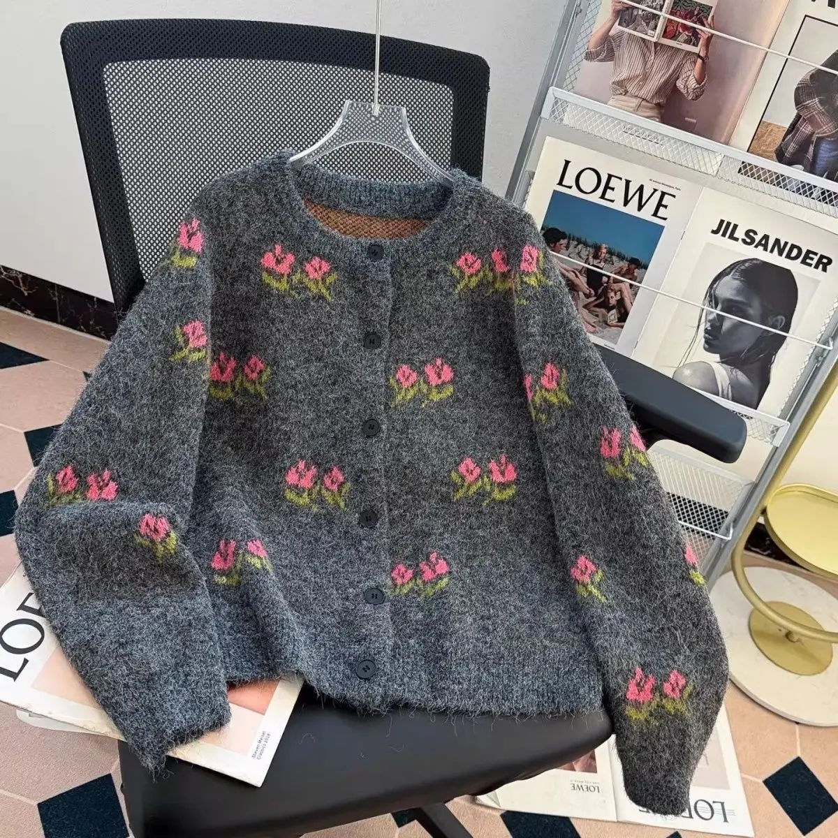 Crew Neck Floral Knit Cardigan For Women Button Up Loose Fit Soft Fuzzy Warm Fall Winter Outerwear