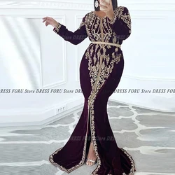 Kaftan Velour Mermaid Evening Dresses For Weddings Long Sleeve Gold Applique Sweep Train Moroccan Formal Party Gown Plus Size