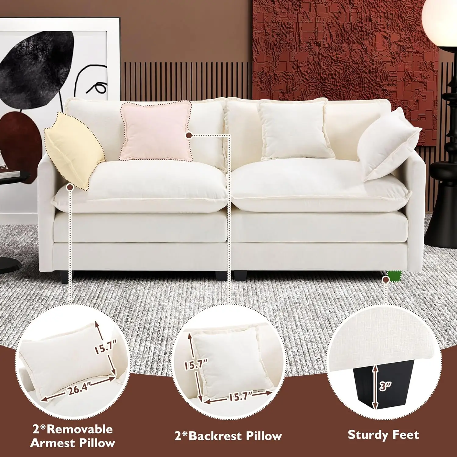 77 Inch Loveseat, Modern Sectional Couch, 2-Seats Sofa Comfy Double Layer Upholstered Seat Cushion