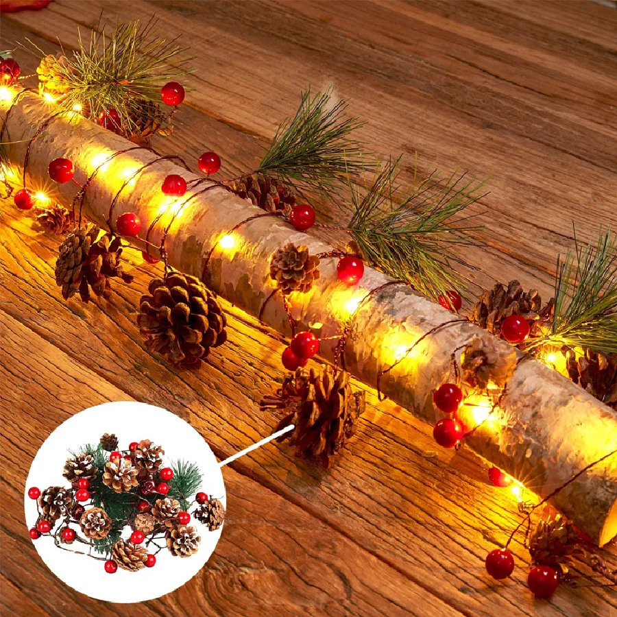 Guirnalda navideña de piña con batería, luces de hadas de 20LED, luces de cadena con campana de bayas para decoración de árbol de Navidad, boda y vacaciones