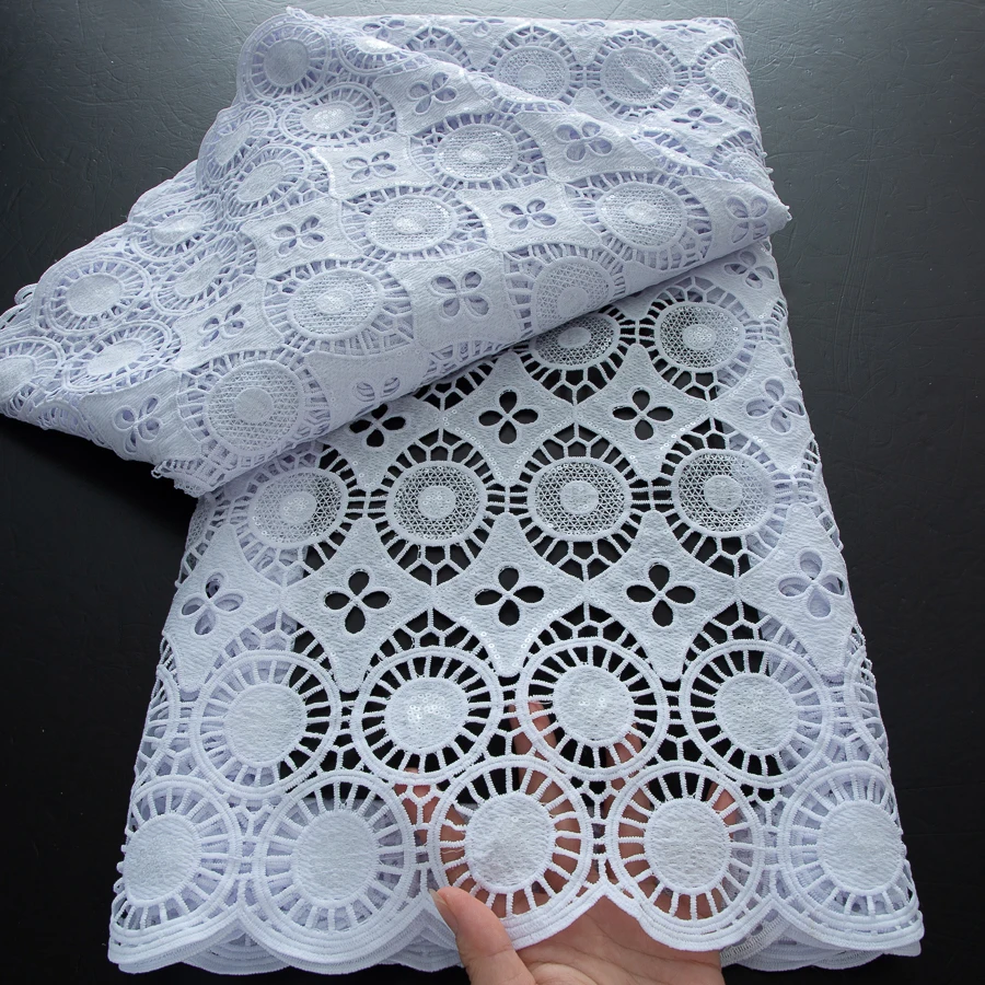

White Nigerian Cord Lace Fabric 2025 High Quality 5 Yards African Guipure Lace French Water Soluble Lace Fabrics For Wedding Sew