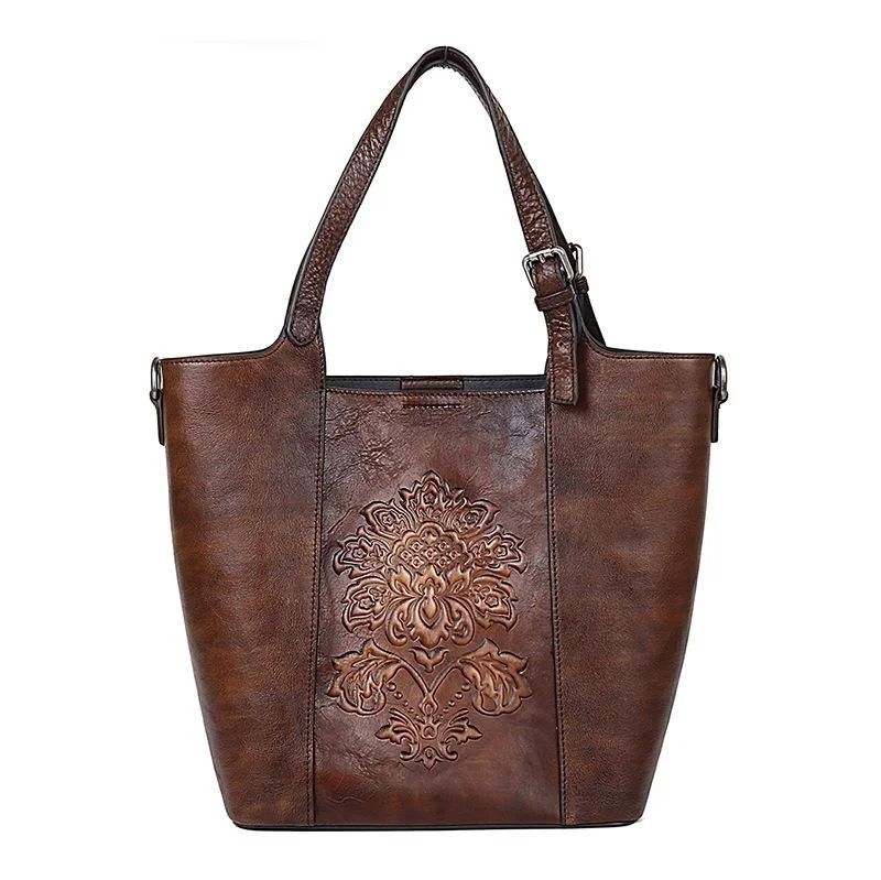 New Fashion Vintage Bag Genuine Cowhide Handmade Embossing Women Shoulder Bag Women Large Capacity Bucket Bag Luxury Handbags