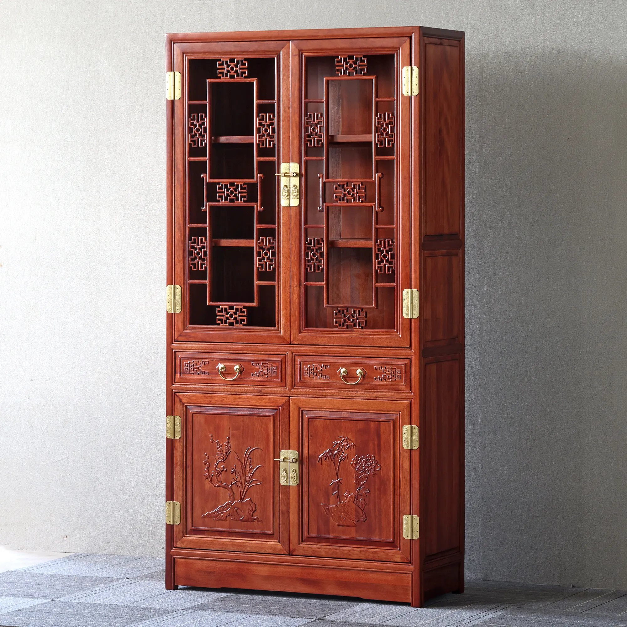 Golden Pear Wood Bookcase, Chinese Antique Style Storage Rack for Study, Elm Wood Office File Cabinet