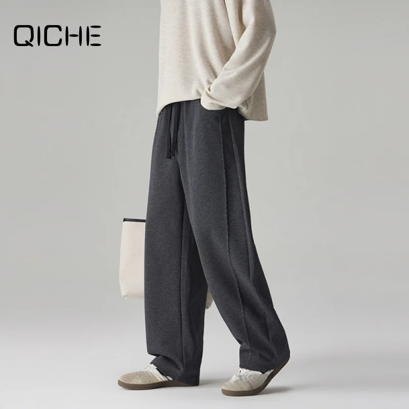 QICHE 2026 New Men Curved Blade Sweatpants Autumn Cleanfit Minimalist Relaxed Loose Straight Leg Versatile Casual Sports Pants