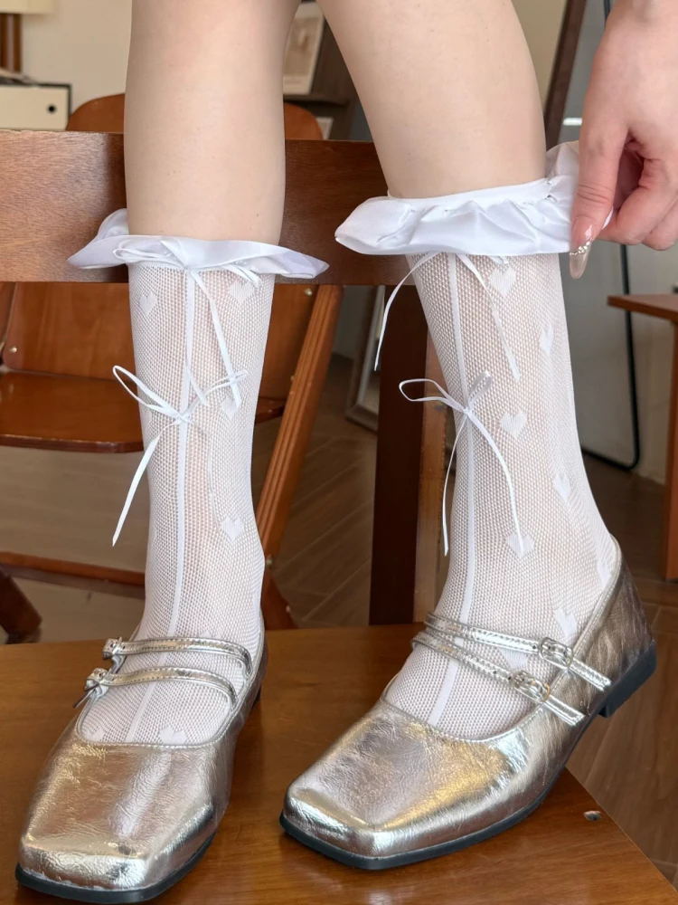 White Lace Socks for Women Summer Thin Mid-Calf Ballet Style Floral   Knot Polka Dot Matching Mary Jane Shoes