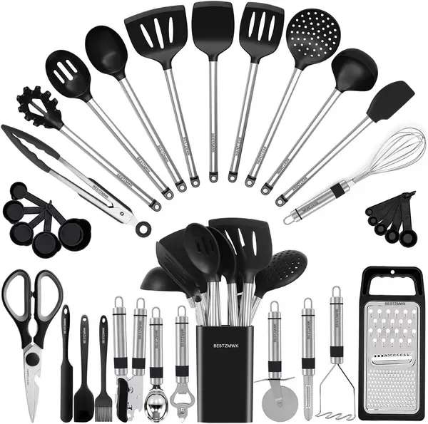 33-Piece Kitchen Utensil Set Silicone Cooking Gadgets Nonstick Safe Spatulas Stainless Steel Tongs Whisk - Comprehensive Cooking Tools Set