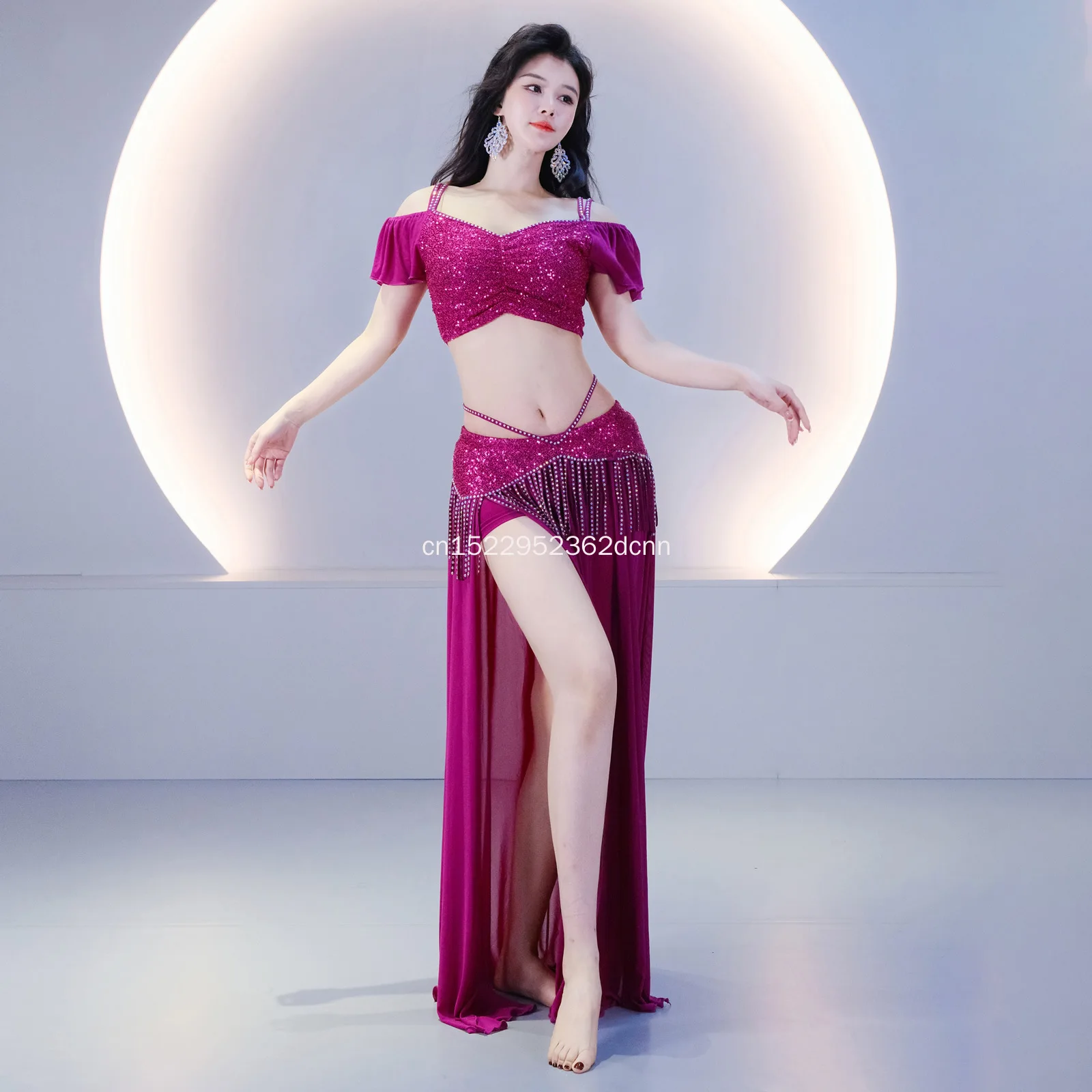 

NewBright Color Women Bellydance Short Sleeves Training Outfit Tassels Long Skirt Girls Belly Dance Sequins Suit Performance Set