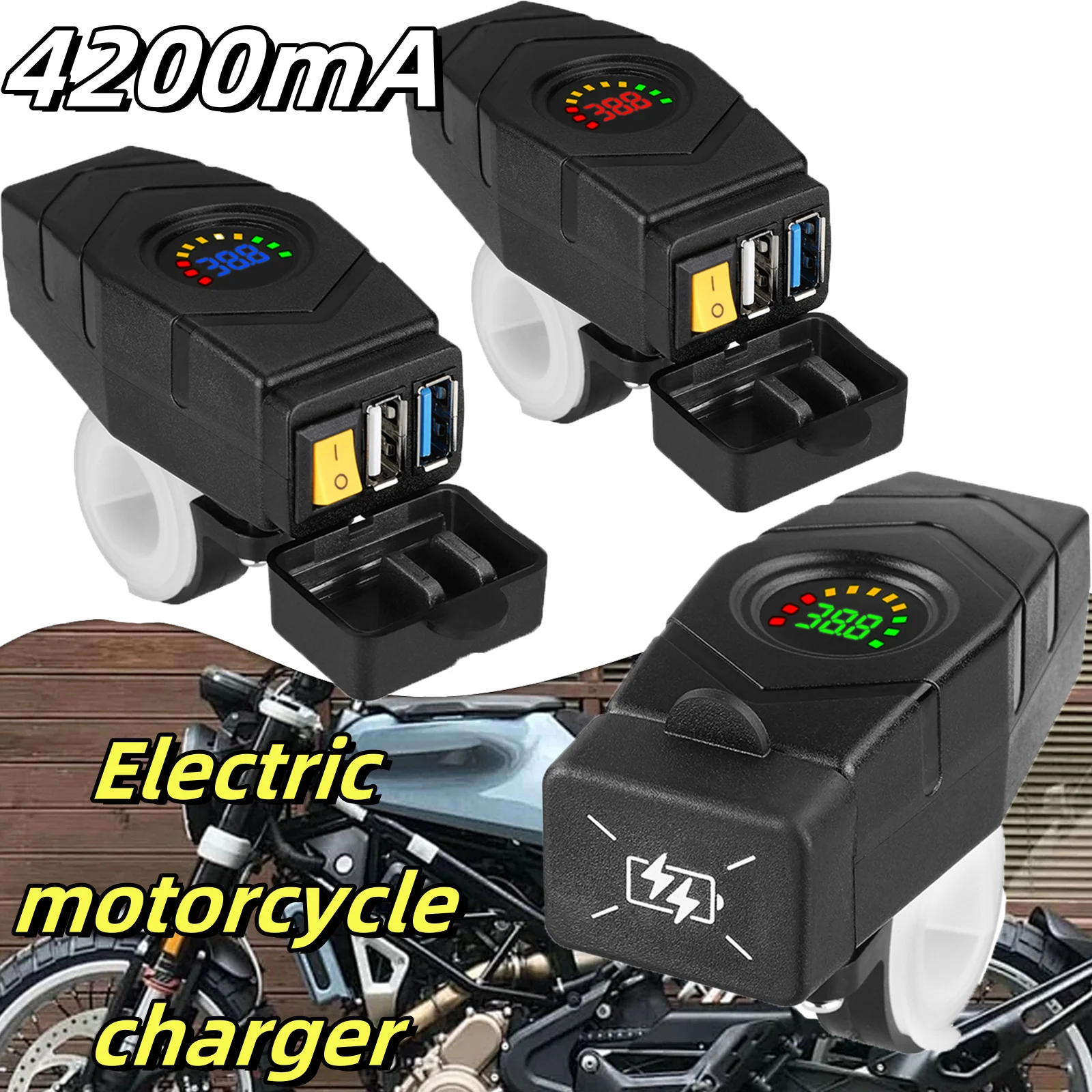 

Black Car Charger 20-80V E-Bike Handlebar USB Charger 24V 36V 48V 60V QC3.0 Quick Charger Adapter Accessories