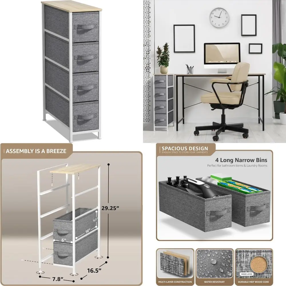

Vertical Slim Storage Chest 4-Drawer Dresser with Steel Frame, Wooden Top, Fabric Bins for Easy Pull
