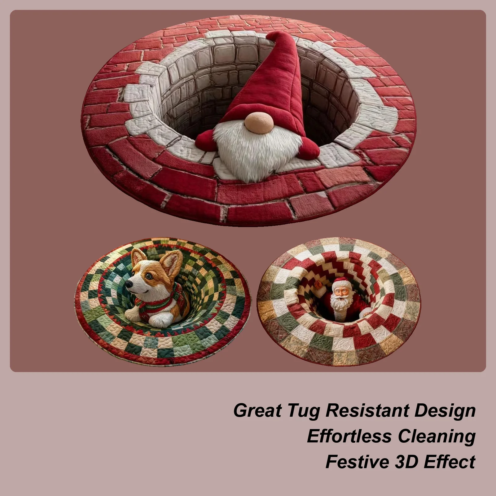 

40x40 In Christmas Area Rug Christmas 3D Visual Illusion Santa Claus Dwarf Quilted Round Mat Round Mat For Living Room Decor