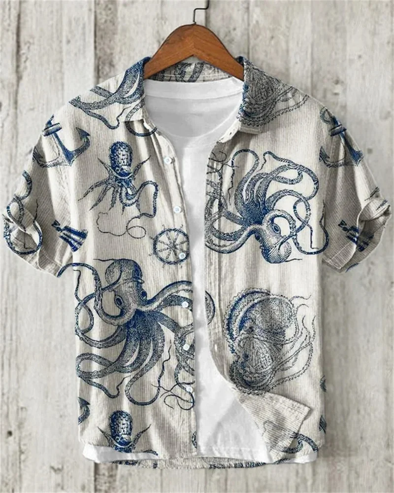 Heren Zomer Revers Linnen Shirt Met Korte Mouwen Heren Casual Shirt Retro Illustratie Print Top Hawaiiaans Shirt Met Korte Mouwen XS-5XL