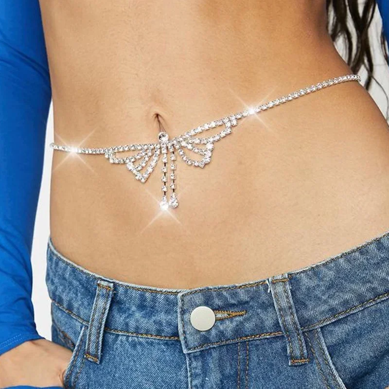 Ins Fashion Rhinestone Butterfly Bow Waist Chain for Women Sexy Beach Tassel Bikini Waist Chain Body Jewelry Accessories