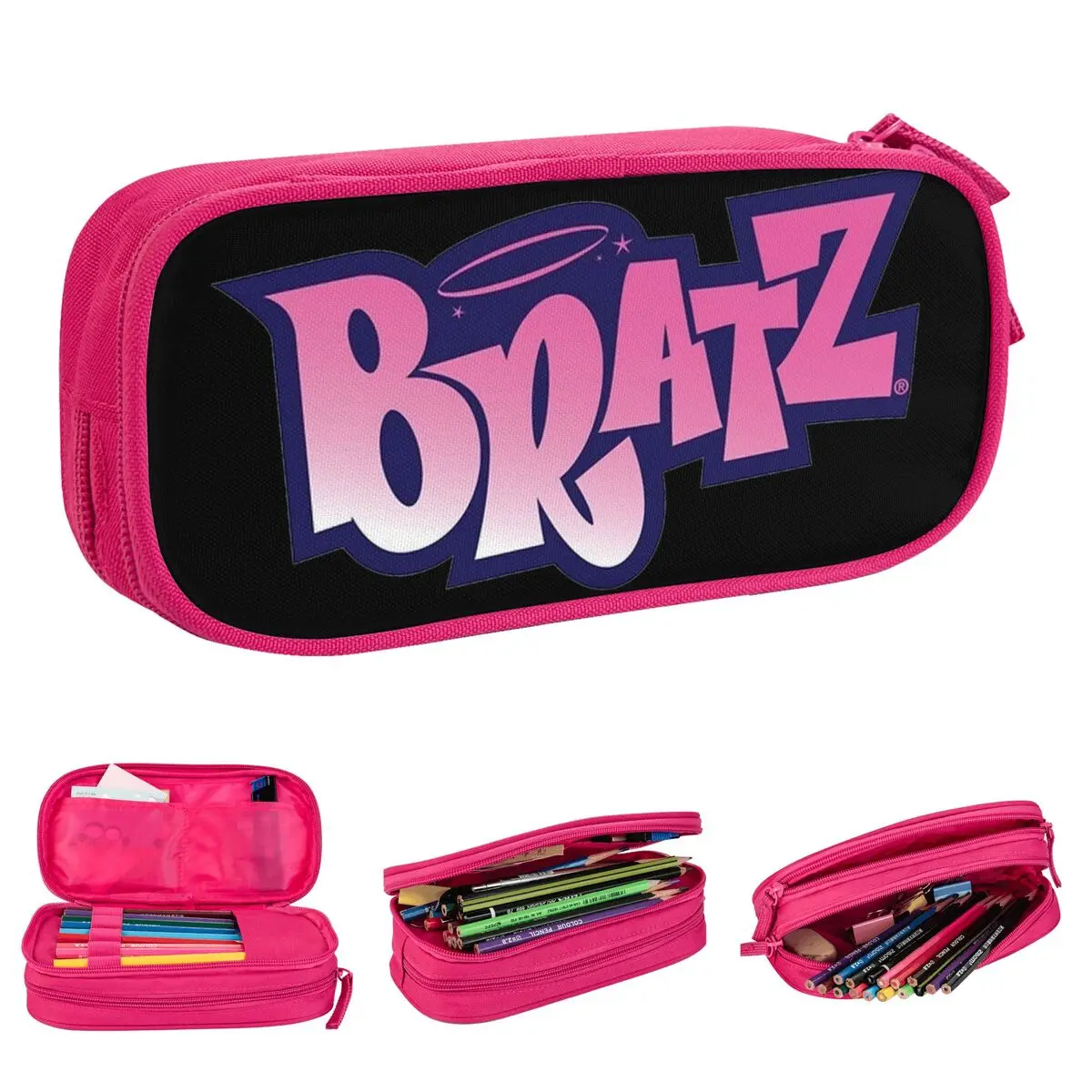 Large Pen Box Bratz Doll Pink Office Accessories Double Layer Pencil Box Girl Make Up Bag Suprise Gift