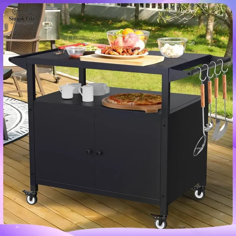 Outdoor Kitchen Cart with Lockers Wheels and Cutlery Hooks Rolling Utility Trolley for Cooking BBQ Serving Storage Mobile