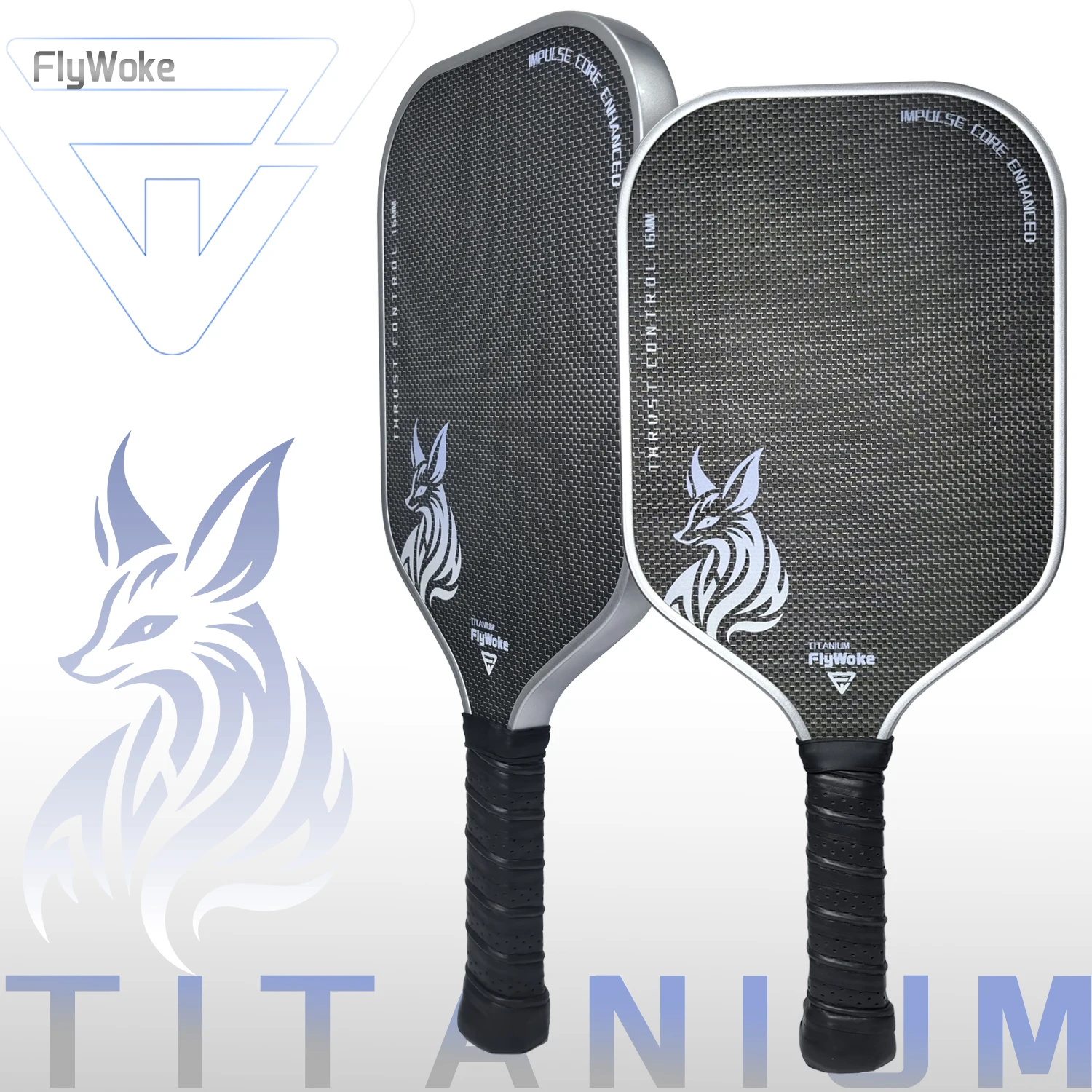 raquette-de-pickleball-flywoke-en-titane-integre-traite-thermiquement-fil-d'argent-fibre-de-carbone-finition-mate-haute-friction