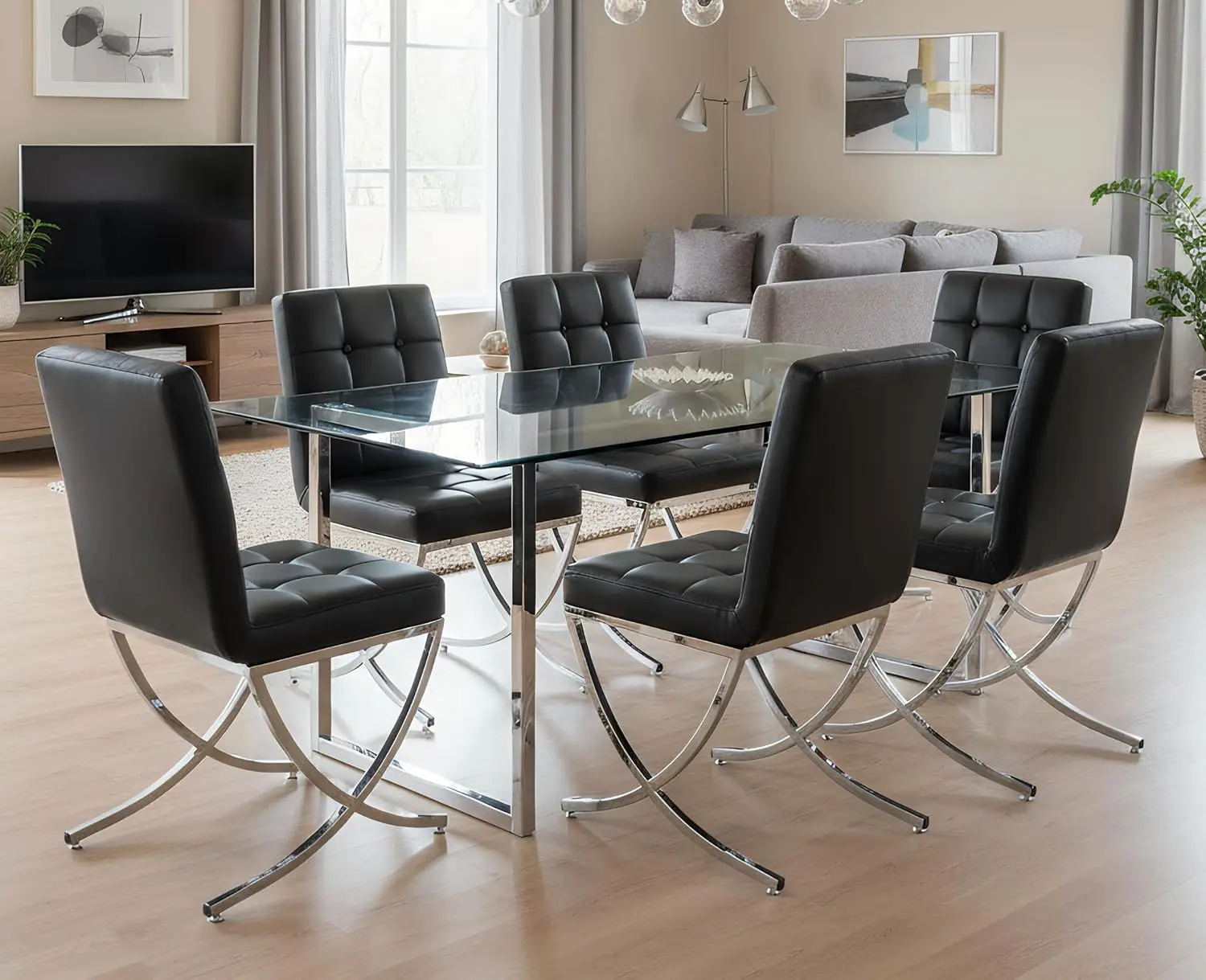Modern Dining Chairs Set of 6, Black Leather Upholstered Seater with Chrome Metal Legs and High Tufted Backs,, Customized