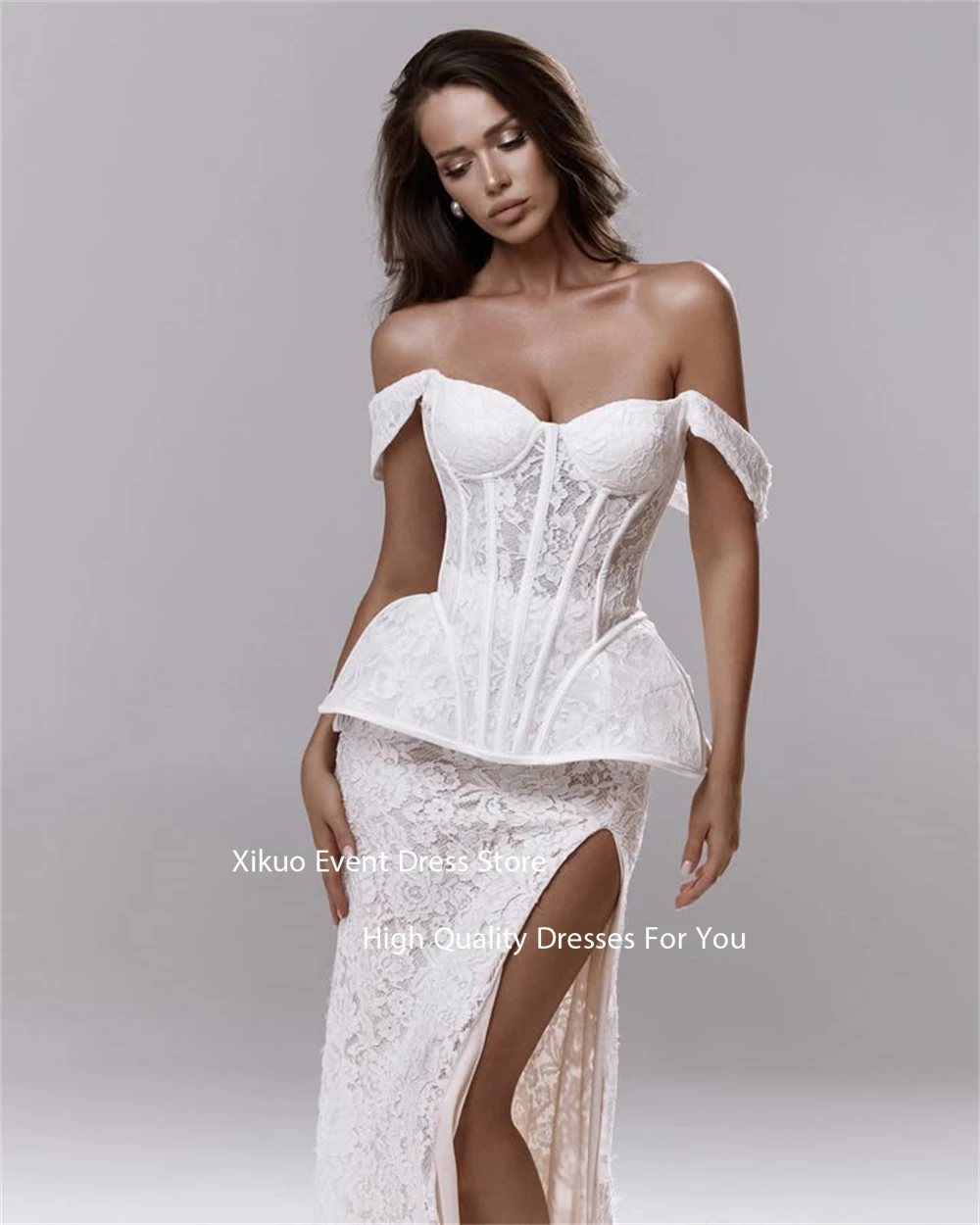 Xikuo Graceful Lace Side High Slit Wedding Dress Off Shoulder Bespoke Occasion Maxi Length Bridal Gowns Bride Dresses Customized