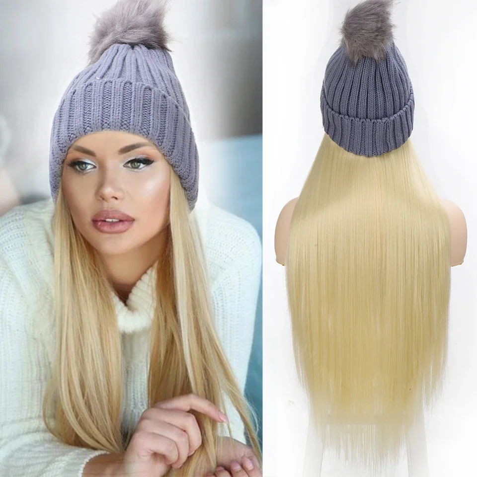 Hot Sell Wig Hat!! 18Style Long Straight Hair Synthetic Wig Female Gold Black All-in-One Hat Plus Velvet Cotton Winter Hat Wig