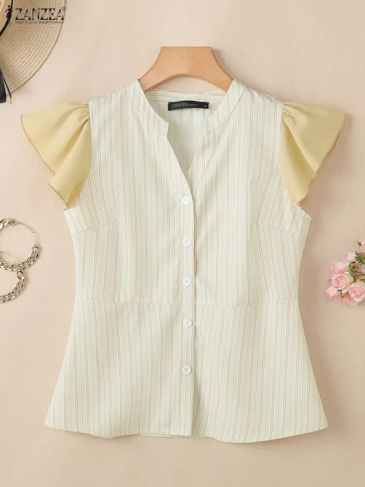 ZANZEA Elegante Shirts Büro Frauen Bluse Sommer Kurze Rüschen Ärmel Blusas Stilvolle V-ausschnitt Streifen Tunika Tops Weibliche Chemise