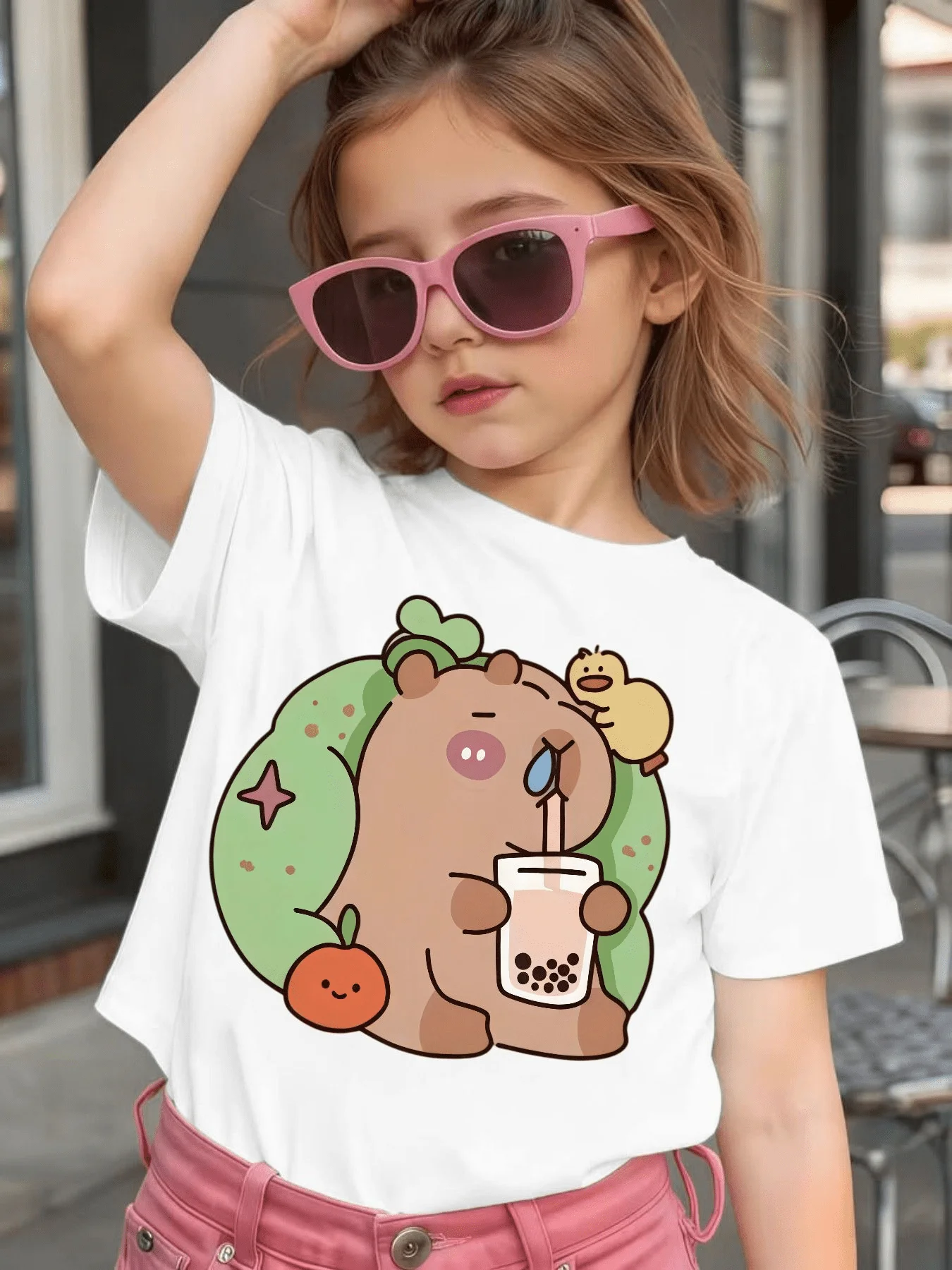 Cute Drinking Tea Capybara Graphic Kids Tee Boys Girls Family Matching Cotton Crew Neck Short Sleeve Soft Casual Summer Tee