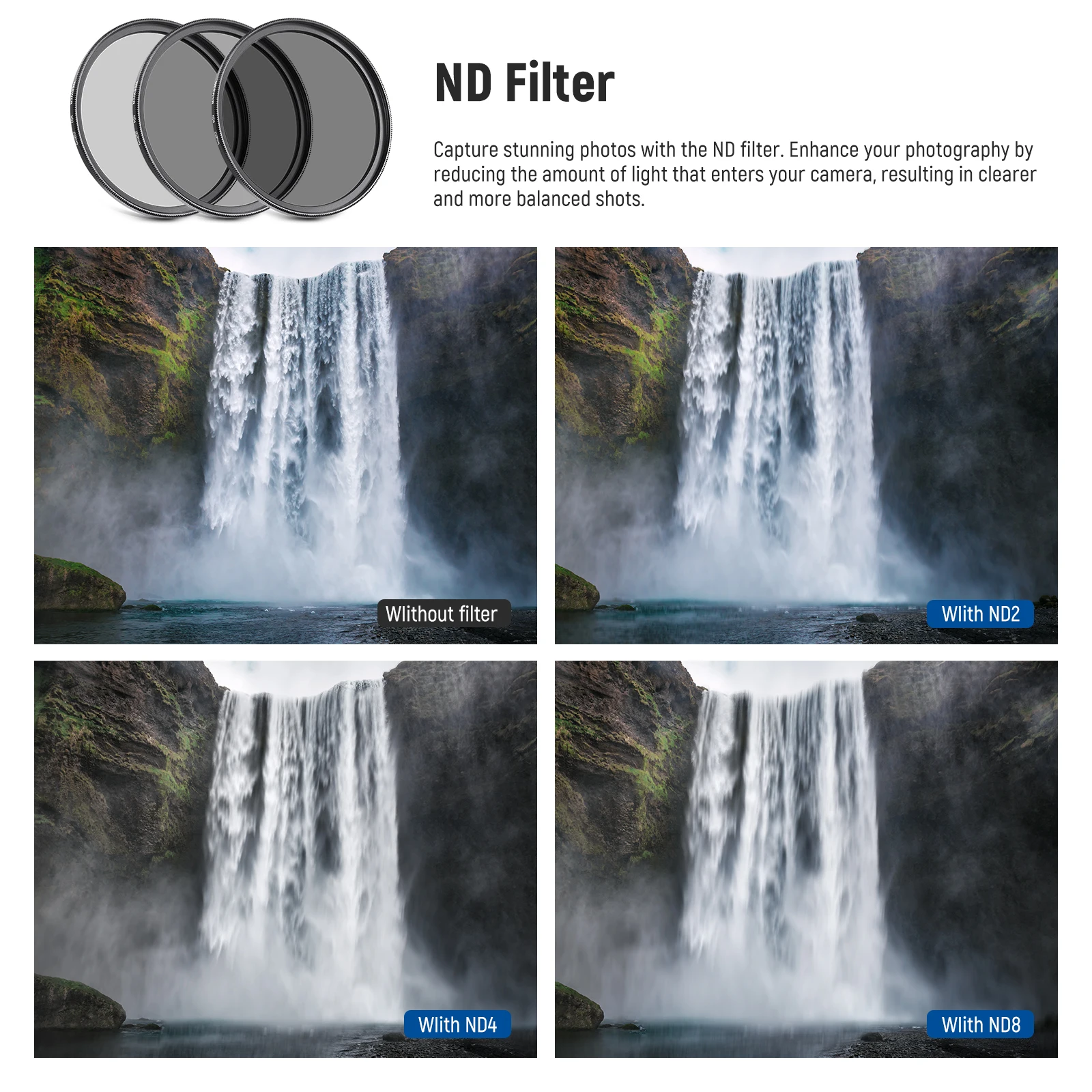NEEWER ND/CPL/UV/FLD/Close Up Filter Kit with ND2/ND4/ND8 Close Up Filters (+1/+2/+4/+10)with Lens Hoods, Lens Cap, Filter Pouch