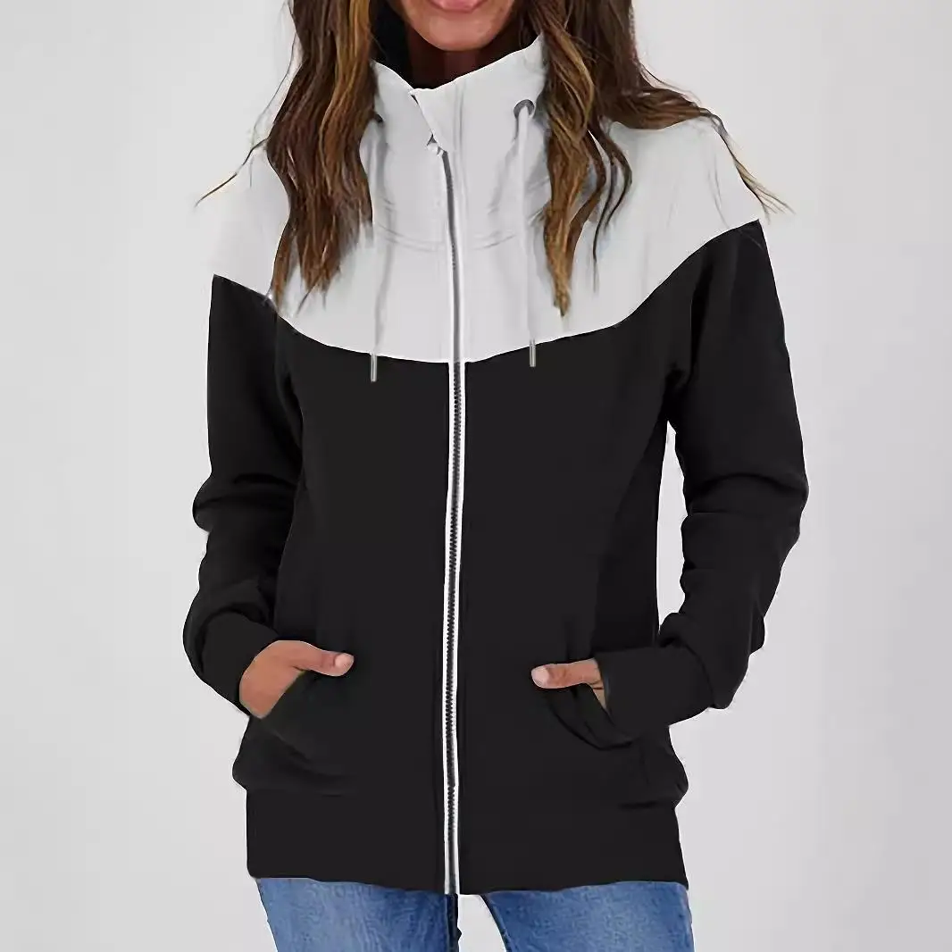 

Women's Patchwork Zipper Sweatshirt Jacket Loose Fit Adult Hooded Cardigan Polyester Fiber Thickened Autumn Season European S...