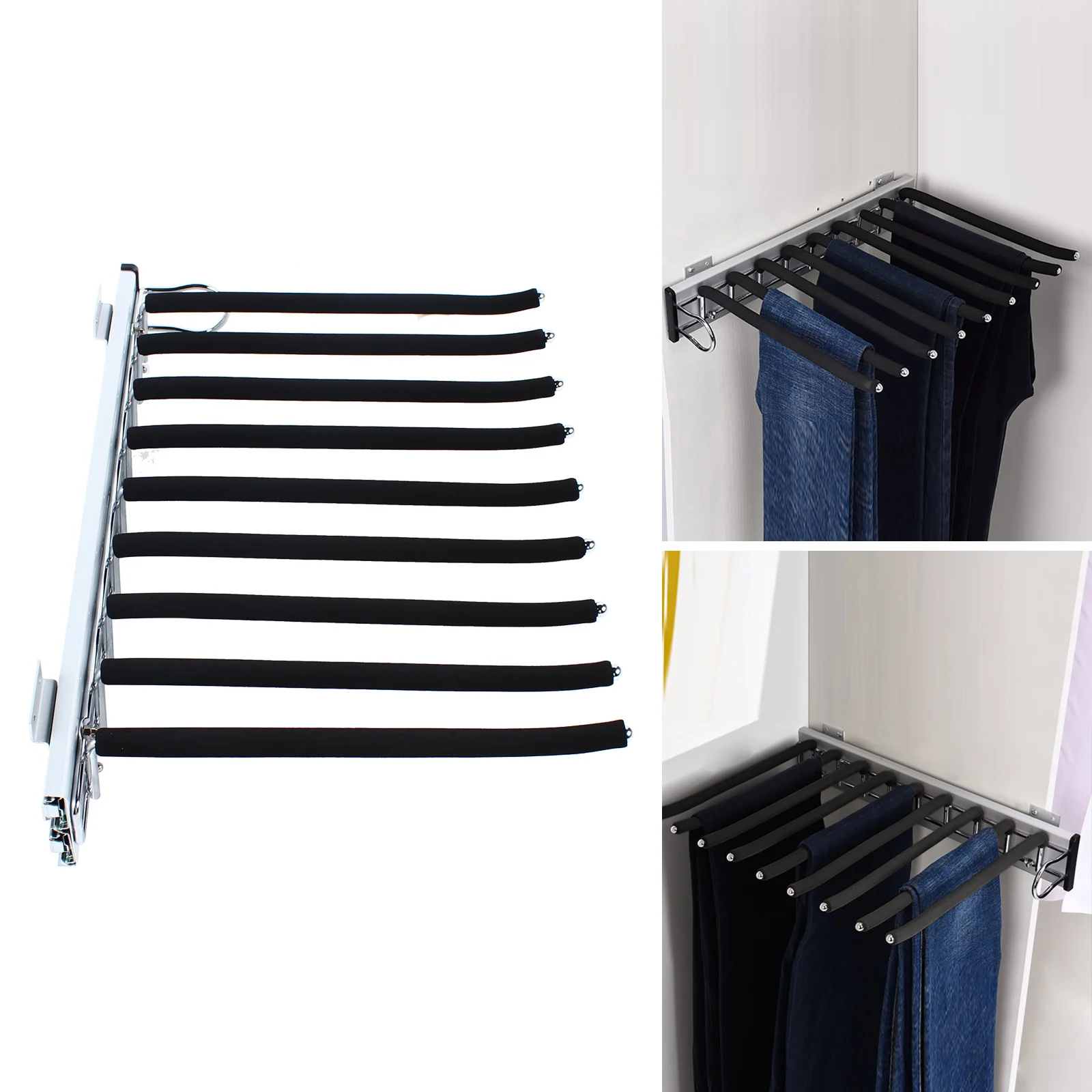 Pull Out Wardrobe Trouser Rack, 9 Scarf Holder Hanger Rail, Extendable Trousers Hanger, Suitable for Wardrobe Depth 48 cm