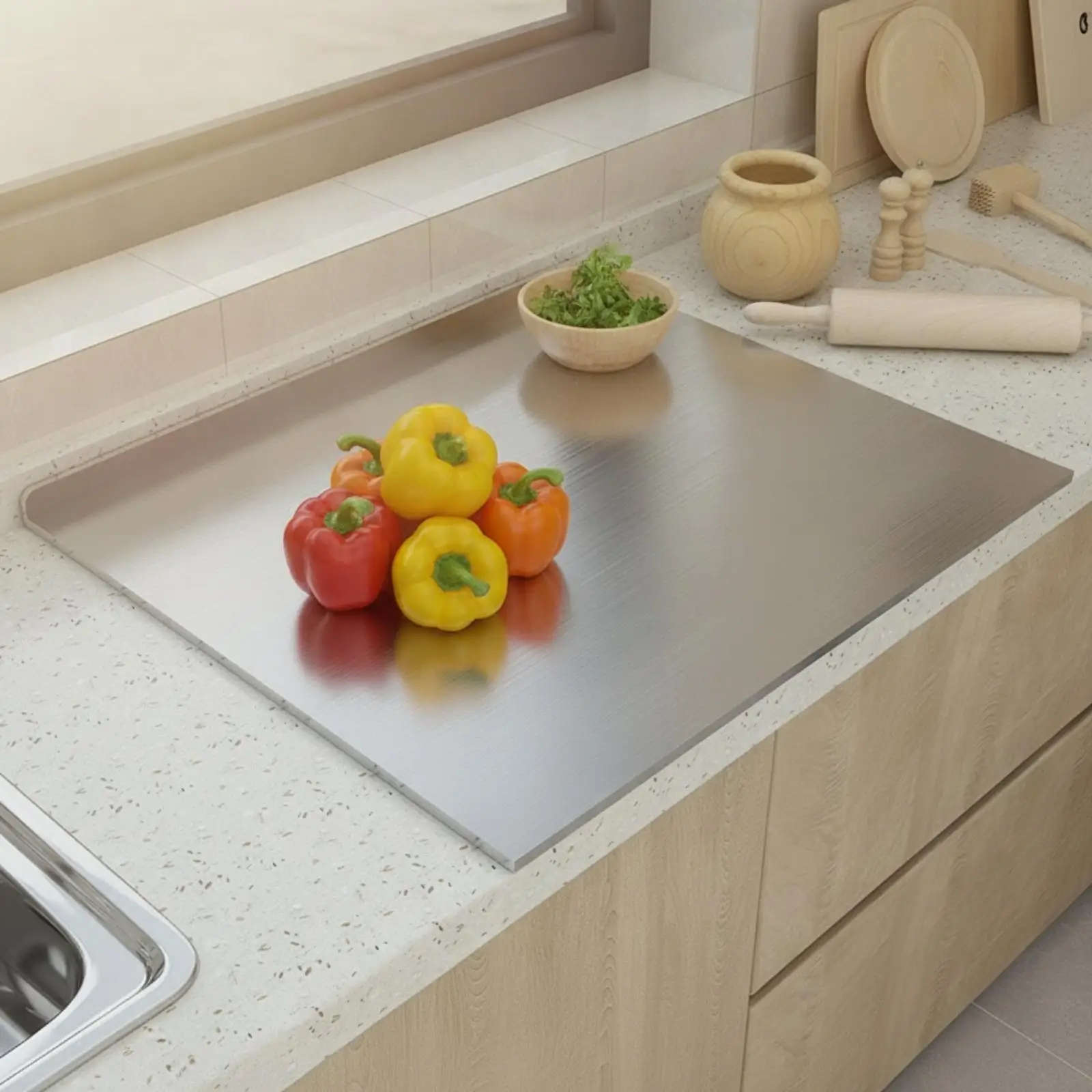 Food Grade 304 Stainless Steel Cutting Board for Kitchen Chopping with Juice Groove Raised Edge Easy Clean Prep Board
