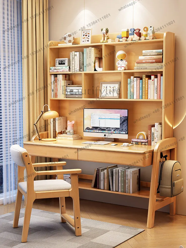 Solid wood bedroom liftable writing table household desk bookshelf combination